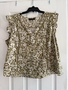 Lane Bryant Olive and White Floral Ruffle-Sleeve Camisole